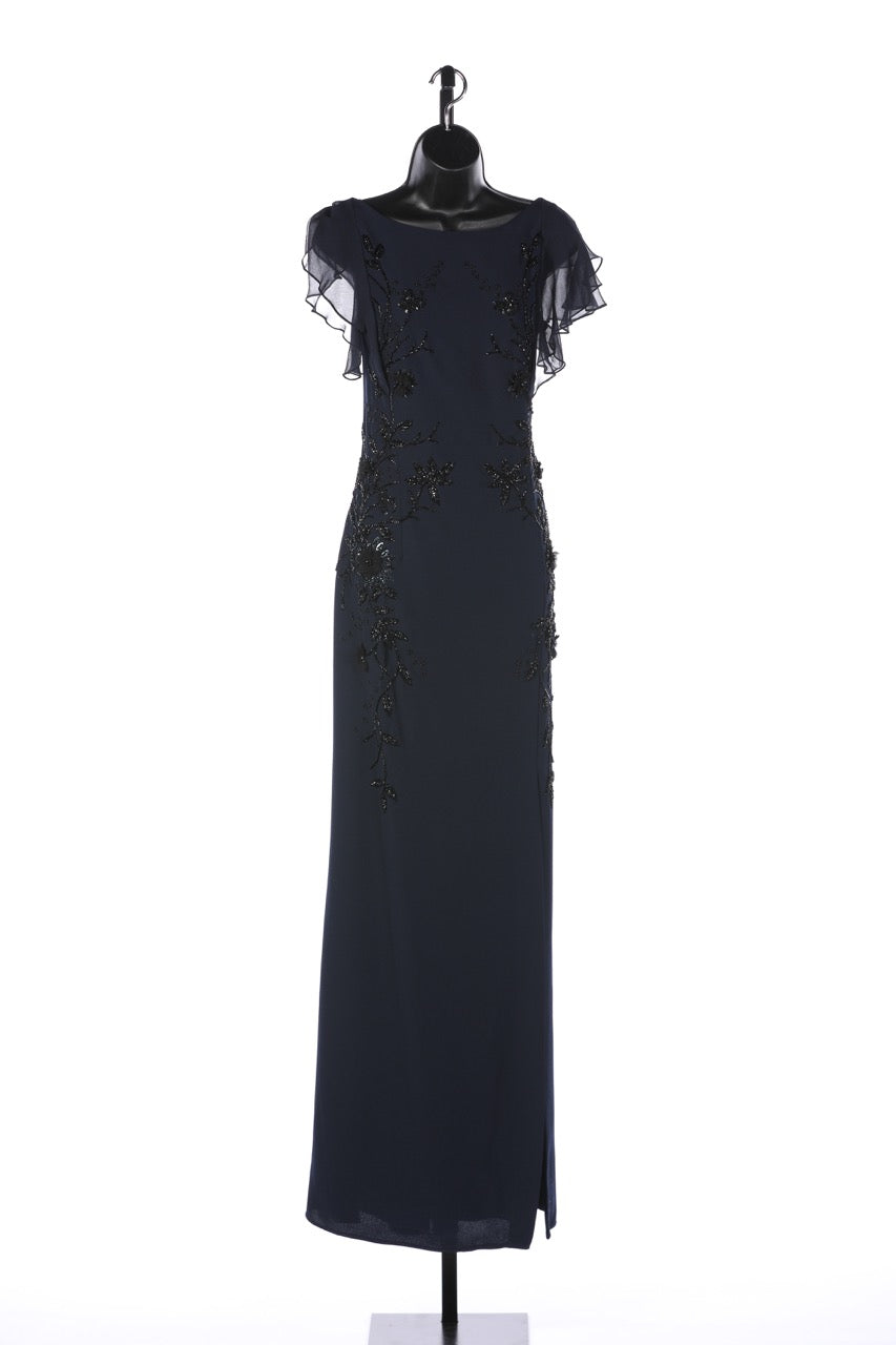 Teri Jon Navy  & Black Beaded Cap Chiffon Sleeve Full-Length Dress