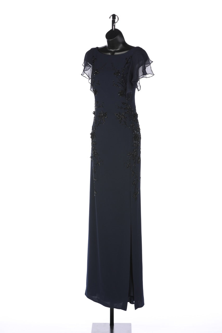 Teri Jon Navy  & Black Beaded Cap Chiffon Sleeve Full-Length Dress