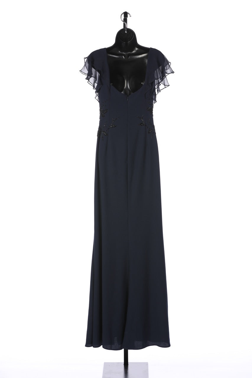 Teri Jon Navy  & Black Beaded Cap Chiffon Sleeve Full-Length Dress