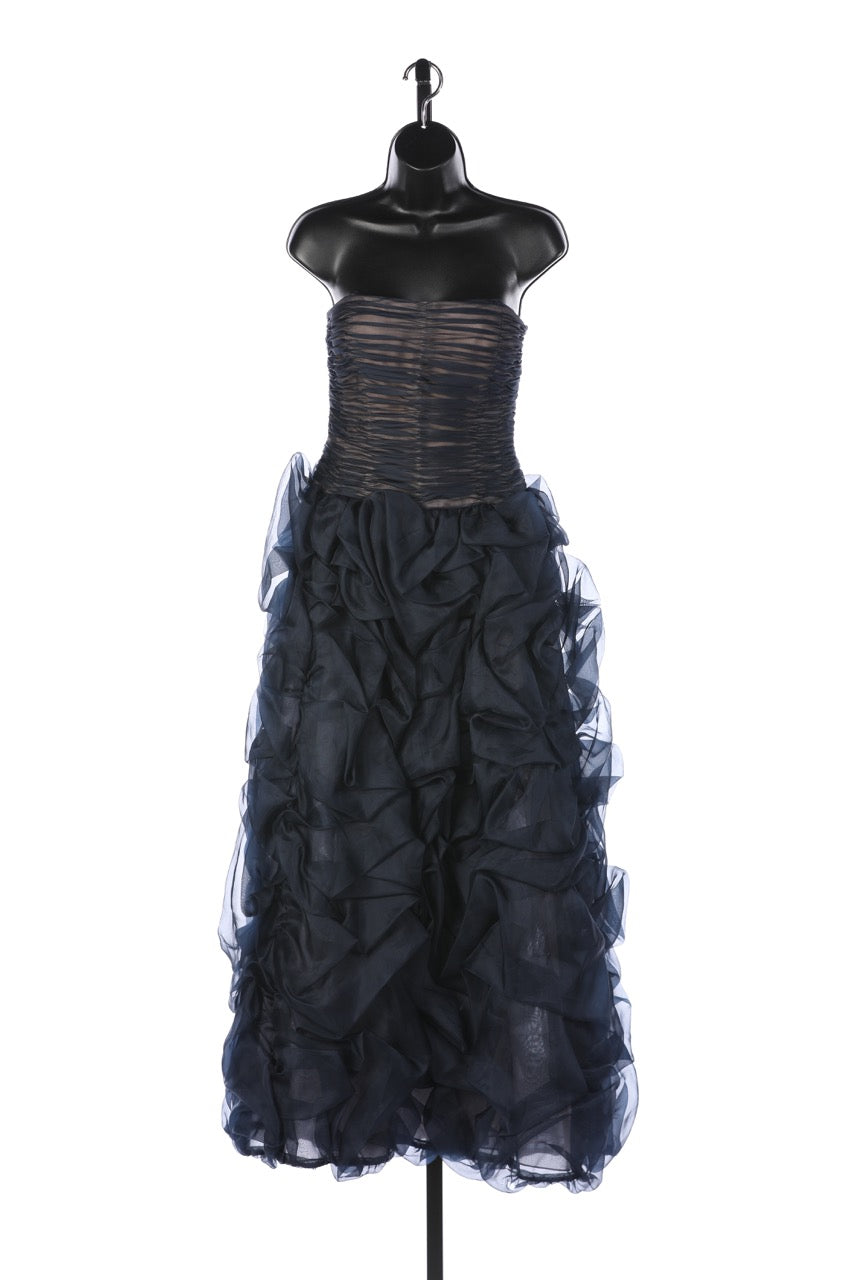 Oscar De La Renta Navy Strapless Chiffon Gathered Body w Ruched Detail Full-Length Gown