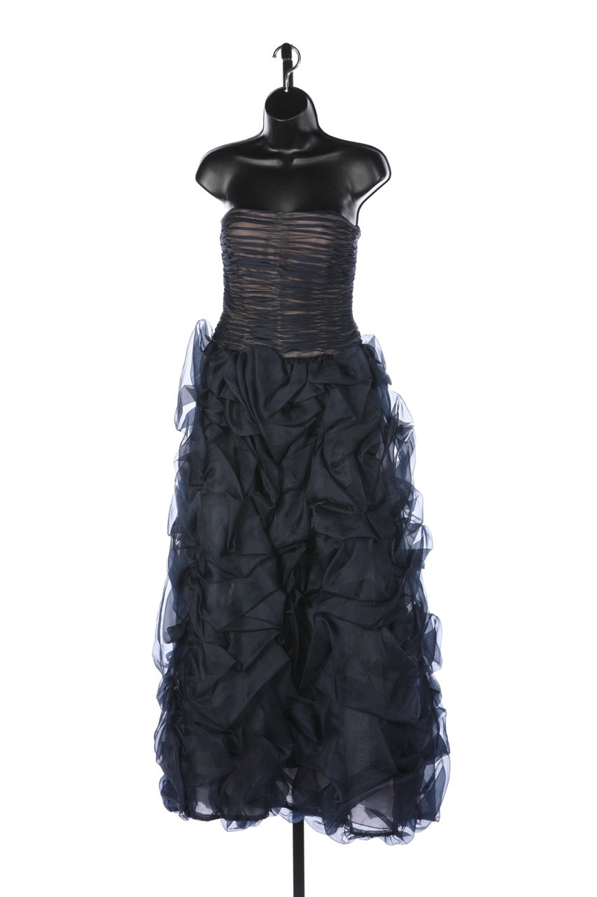 Oscar De La Renta Navy Strapless Chiffon Gathered Body w Ruched Detail Full-Length Gown