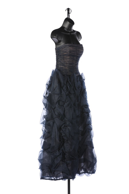 Oscar De La Renta Navy Strapless Chiffon Gathered Body w Ruched Detail Full-Length Gown