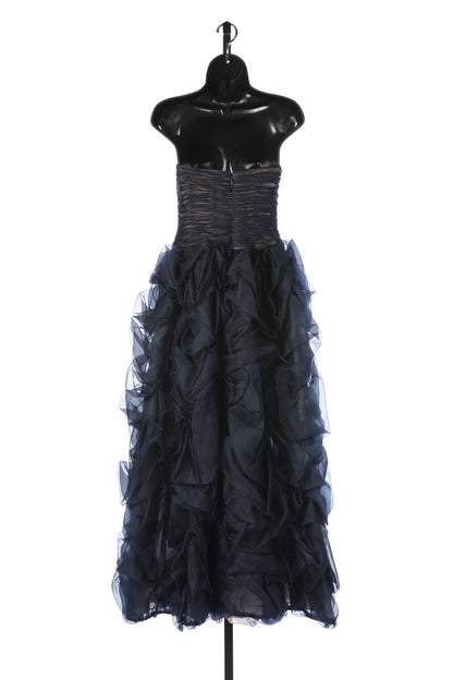 Oscar De La Renta Navy Strapless Chiffon Gathered Body w Ruched Detail Full-Length Gown