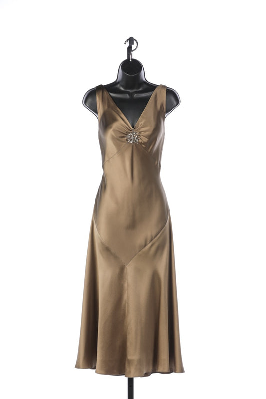 Ralph Lauren Collection Silk Olive Green Sleeveless Midi Dress with Middle Crystal Detail