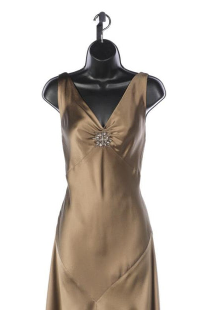 Ralph Lauren Collection Silk Olive Green Sleeveless Midi Dress with Middle Crystal Detail