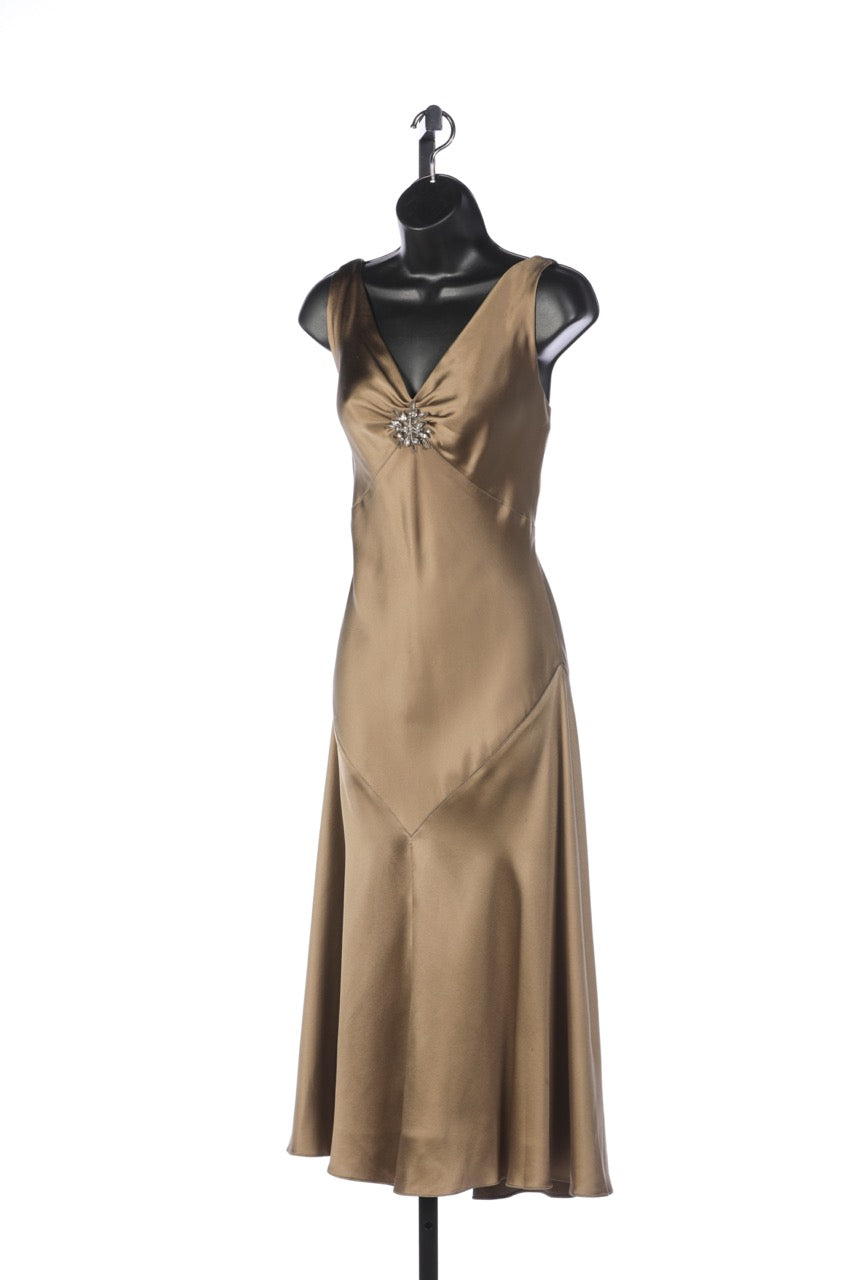 Ralph Lauren Collection Silk Olive Green Sleeveless Midi Dress with Middle Crystal Detail