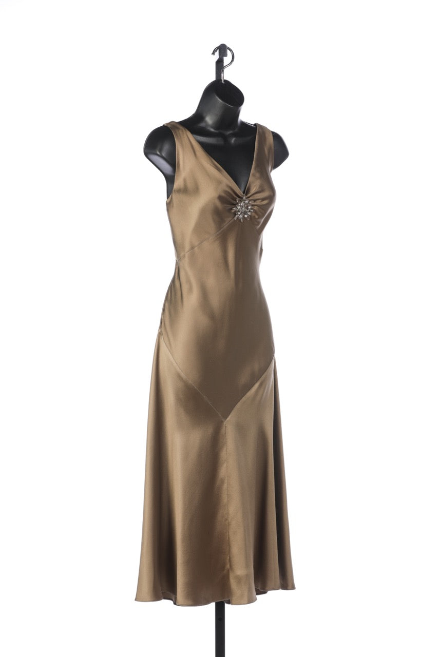 Ralph Lauren Collection Silk Olive Green Sleeveless Midi Dress with Middle Crystal Detail