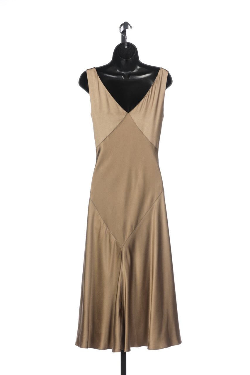 Ralph Lauren Collection Silk Olive Green Sleeveless Midi Dress with Middle Crystal Detail