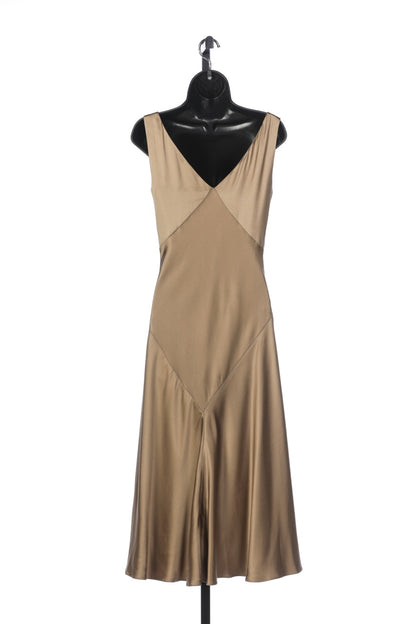 Ralph Lauren Collection Silk Olive Green Sleeveless Midi Dress with Middle Crystal Detail