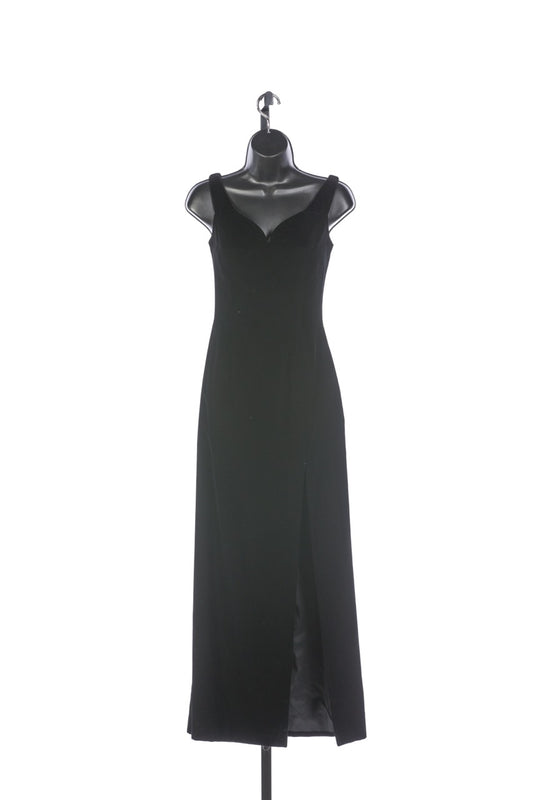 Vicky Tiel Black Velvet Sleeveless V-Neck Full-Length Dress w Slit