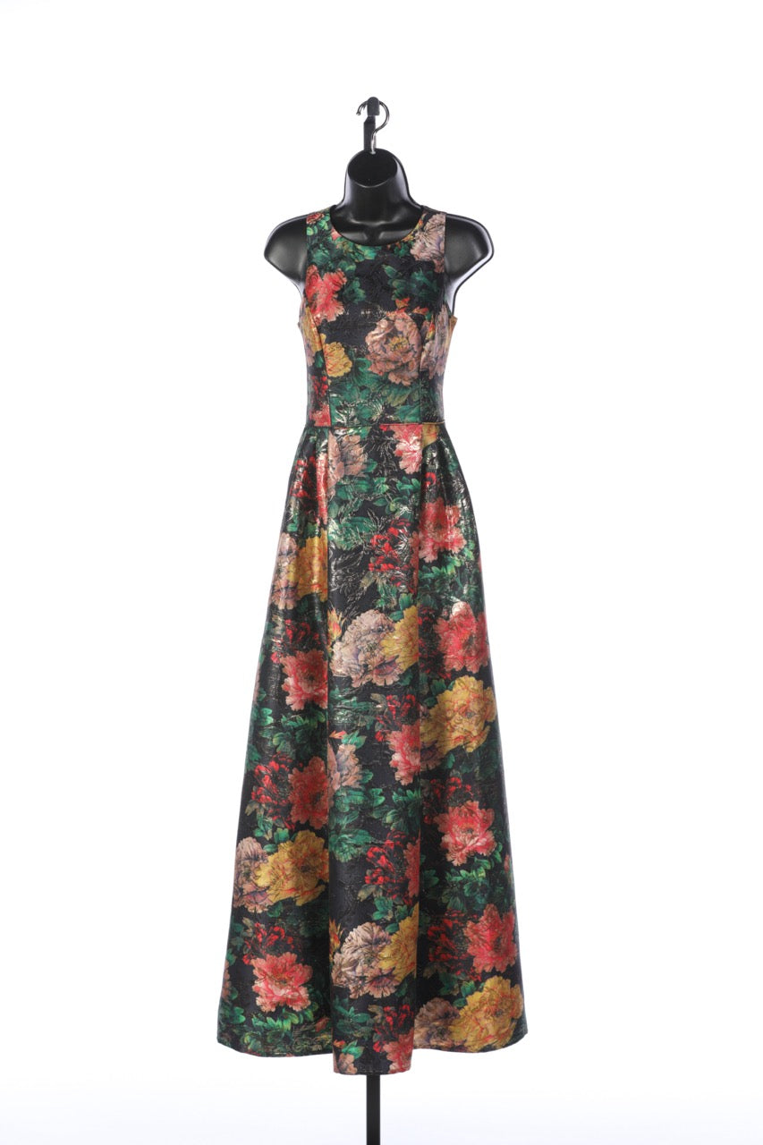 Johnny Was Multicolor Floral with Gold Sparkle Detail Sleeveless Crew Neck Gown