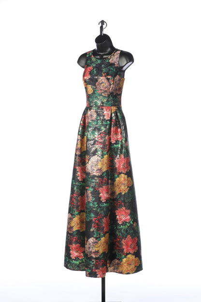 Johnny Was Multicolor Floral with Gold Sparkle Detail Sleeveless Crew Neck Gown