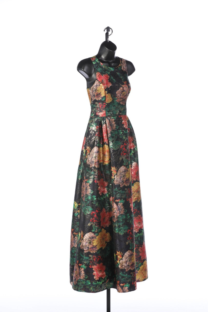 Johnny Was Multicolor Floral with Gold Sparkle Detail Sleeveless Crew Neck Gown