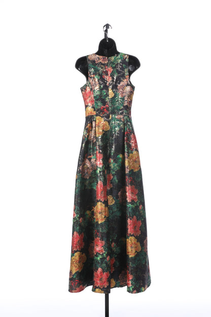 Johnny Was Multicolor Floral with Gold Sparkle Detail Sleeveless Crew Neck Gown