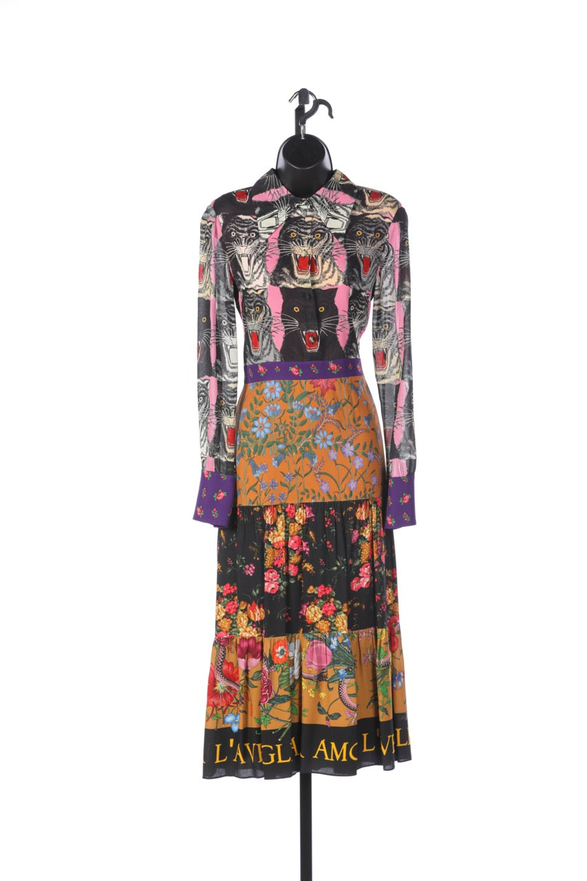 Gucci Multi-Colored "Blind For Love" Panther Floral Midi Dress