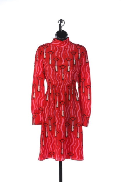 Valentino Silk Red Long-Sleeve Knee-Length Dress with Lipstick Pattern NWT