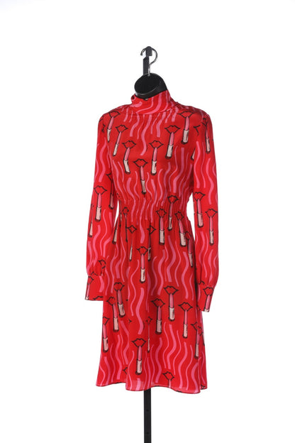 Valentino Silk Red Long-Sleeve Knee-Length Dress with Lipstick Pattern NWT