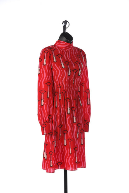 Valentino Silk Red Long-Sleeve Knee-Length Dress with Lipstick Pattern NWT