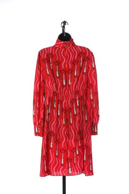 Valentino Silk Red Long-Sleeve Knee-Length Dress with Lipstick Pattern NWT