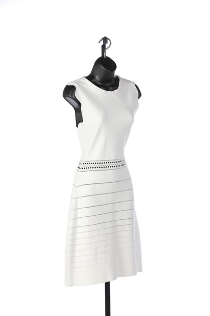 Chloé White Bodycon Dress with Scalloped Hem Sleeves, Mock Neck, and Cut Out Details