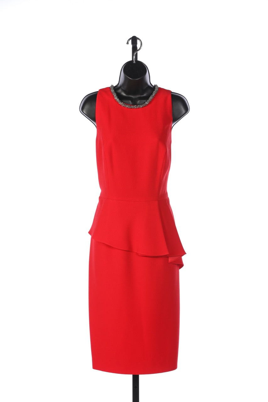 Carmen Marc Valvo Red Sleeveless Beaded Neckline Pleated Waist Knee-Length Dress