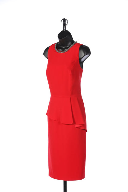 Carmen Marc Valvo Red Sleeveless Beaded Neckline Pleated Waist Knee-Length Dress