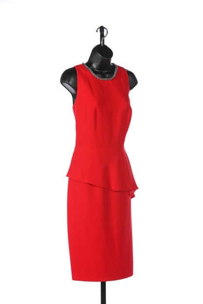 Carmen Marc Valvo Red Sleeveless Beaded Neckline Pleated Waist Knee-Length Dress