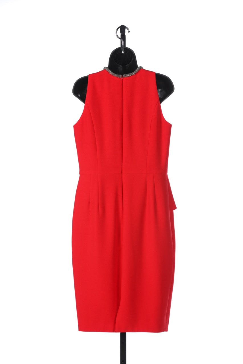 Carmen Marc Valvo Red Sleeveless Beaded Neckline Pleated Waist Knee-Length Dress