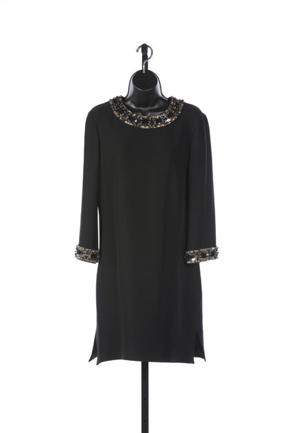 Gucci Long Sleeve Black Mini Dress with Rhinestone Chainlink Detail on Neckline & Cuffs