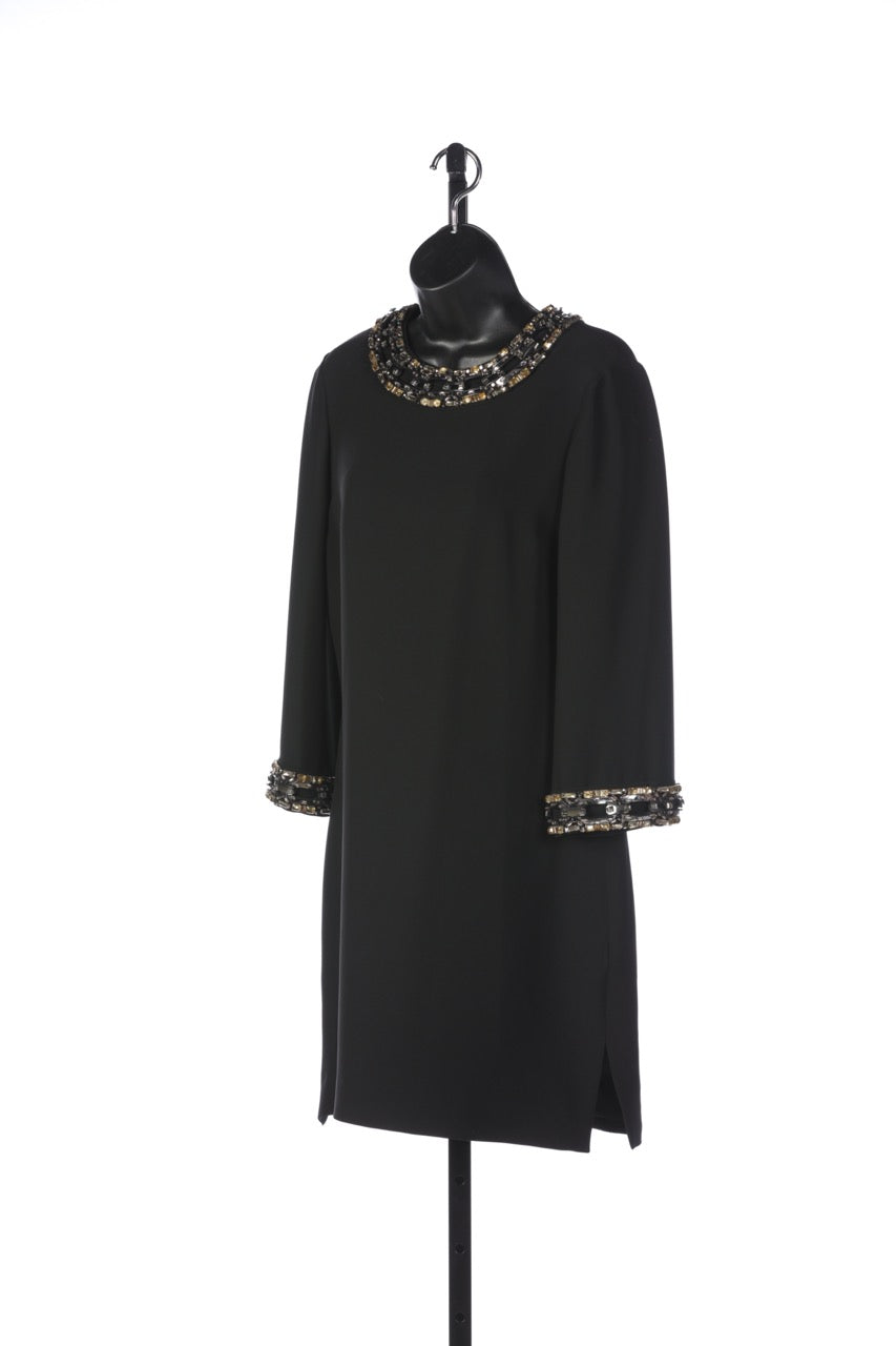 Gucci Long Sleeve Black Mini Dress with Rhinestone Chainlink Detail on Neckline & Cuffs