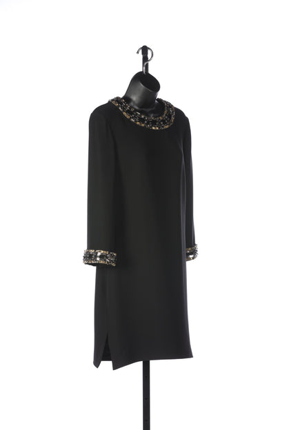 Gucci Long Sleeve Black Mini Dress with Rhinestone Chainlink Detail on Neckline & Cuffs