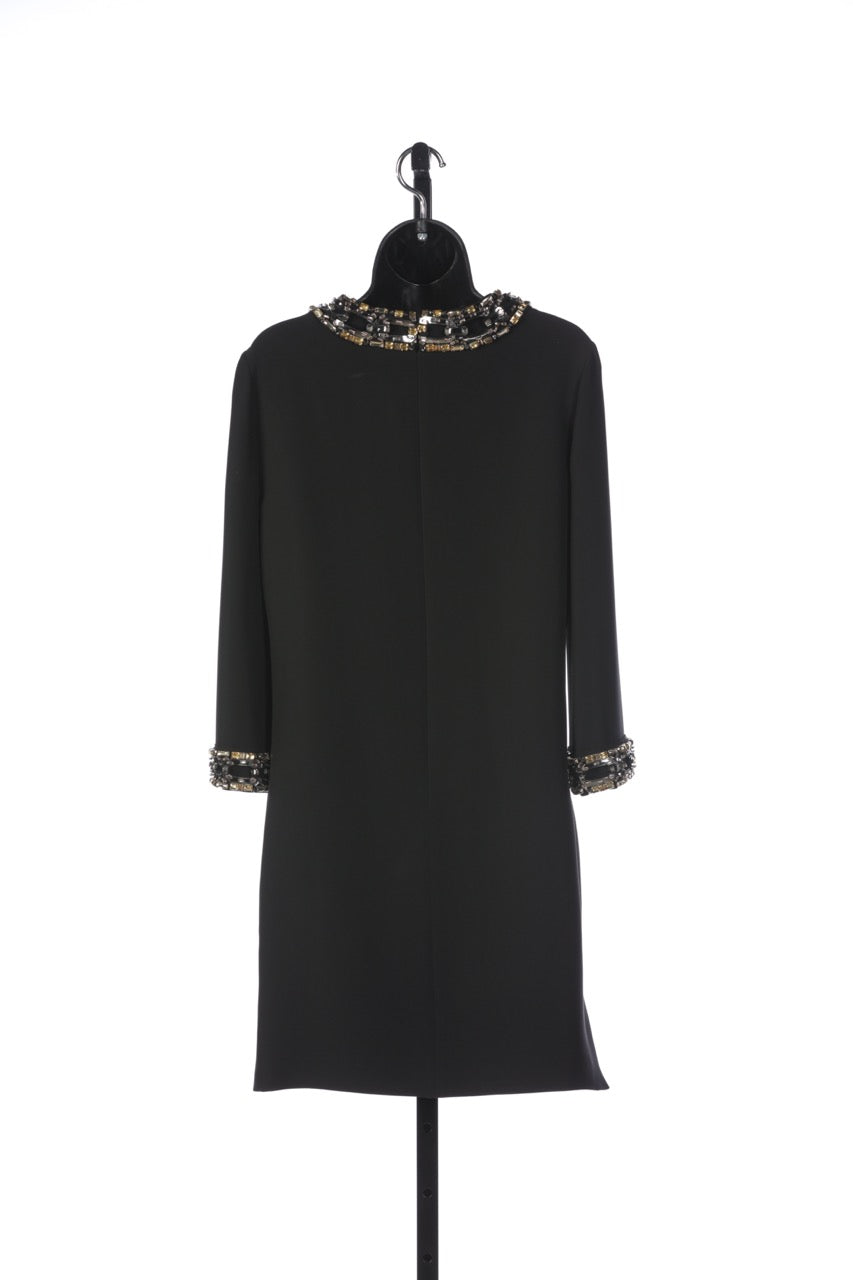 Gucci Long Sleeve Black Mini Dress with Rhinestone Chainlink Detail on Neckline & Cuffs