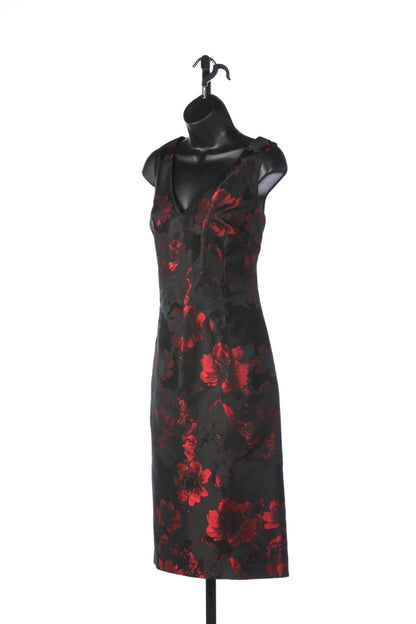 David Meister Black & Red Floral Sleeveless V-Neck Knee-Length Dress