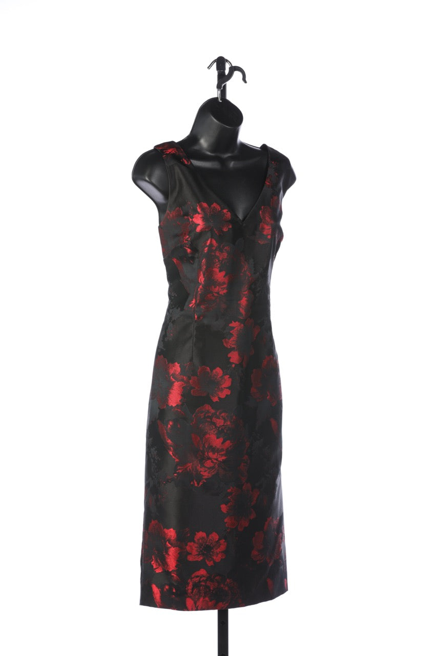 David Meister Black & Red Floral Sleeveless V-Neck Knee-Length Dress