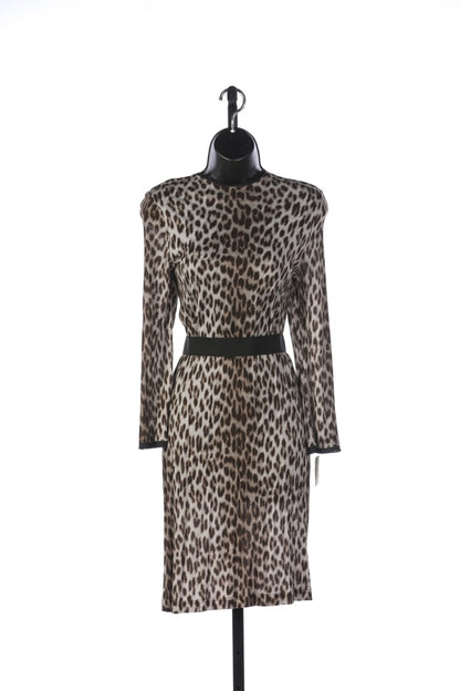 Lanvin Brown Cheetah Print Long Sleeve Mock-Neck Knee-Length Dress w Belt NWT