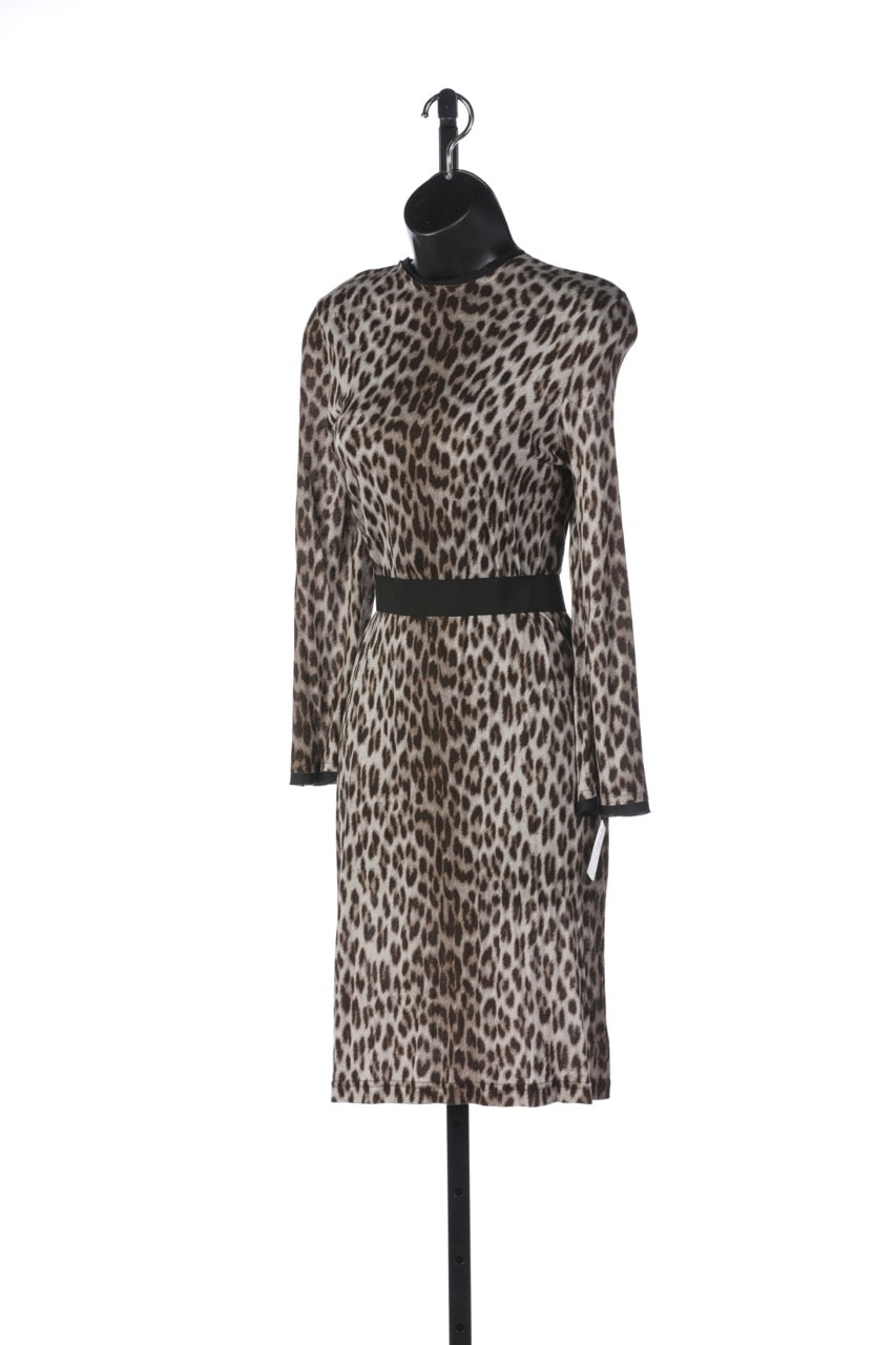 Lanvin Brown Cheetah Print Long Sleeve Mock-Neck Knee-Length Dress w Belt NWT