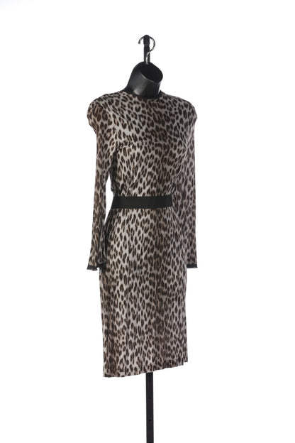 Lanvin Brown Cheetah Print Long Sleeve Mock-Neck Knee-Length Dress w Belt NWT