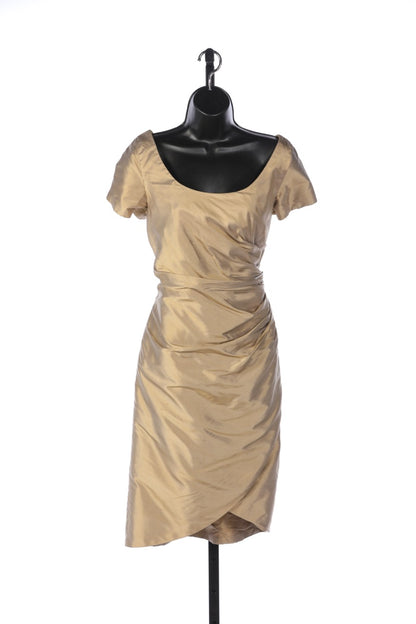 Marisa Baratelli Thai Silk Light Gold Short Sleeve Square-Neck Ruched Knee-Length Dress