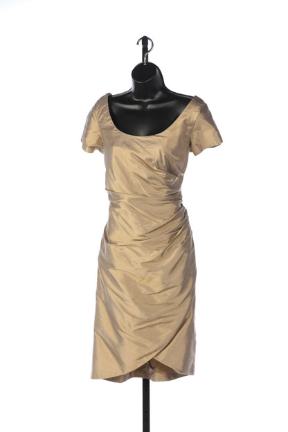 Marisa Baratelli Thai Silk Light Gold Short Sleeve Square-Neck Ruched Knee-Length Dress