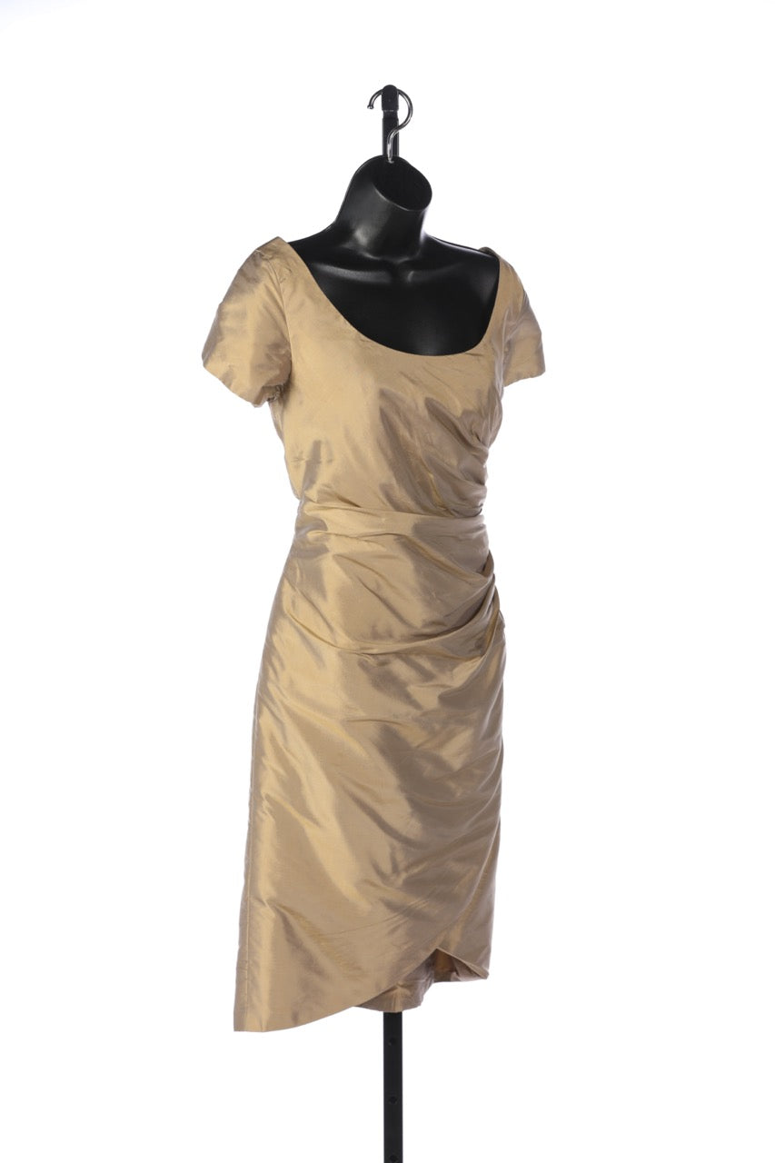 Marisa Baratelli Thai Silk Light Gold Short Sleeve Square-Neck Ruched Knee-Length Dress