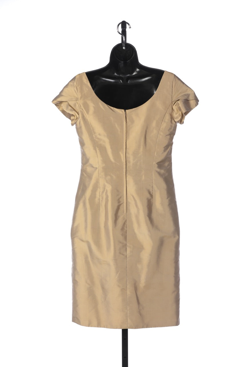 Marisa Baratelli Thai Silk Light Gold Short Sleeve Square-Neck Ruched Knee-Length Dress