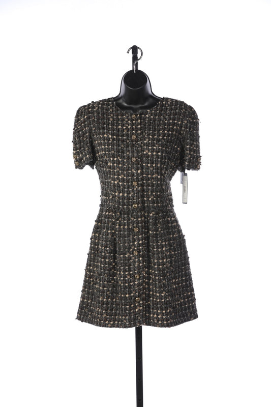 Dolce & Gabbana Brown & Grey Tweed Short-Sleeve Dress w/ Gold Buttons NWT