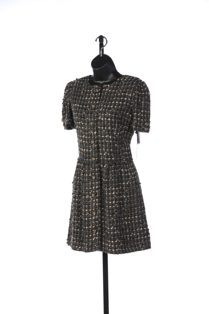 Dolce & Gabbana Brown & Grey Tweed Short-Sleeve Dress w/ Gold Buttons NWT