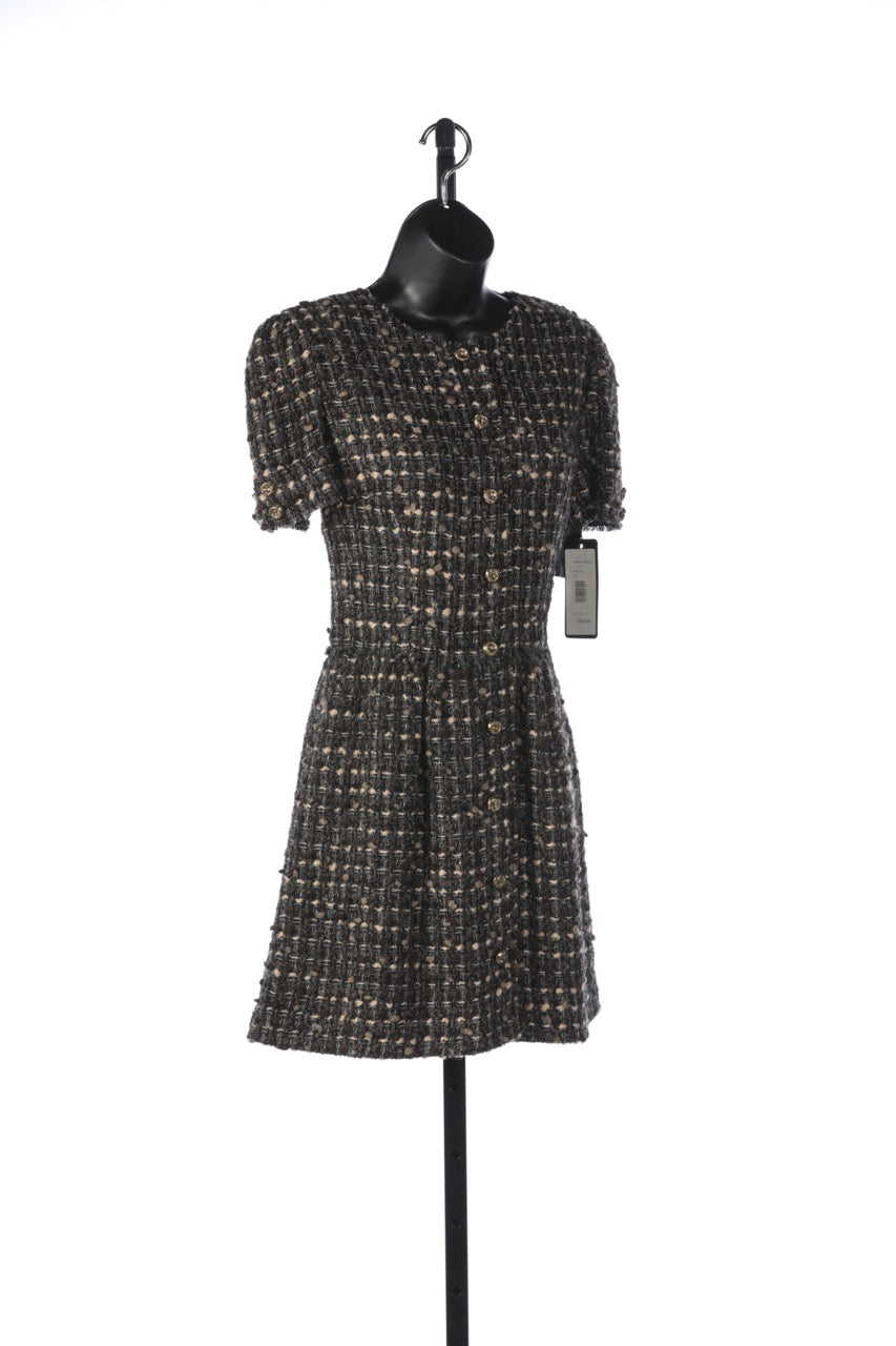 Dolce & Gabbana Brown & Grey Tweed Short-Sleeve Dress w/ Gold Buttons NWT