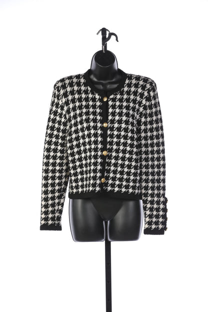 Chanel Black & White Houndstooth Tweed Button Up Jacket (Part of Set)