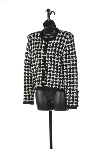 Chanel Black & White Houndstooth Tweed Button Up Jacket (Part of Set)