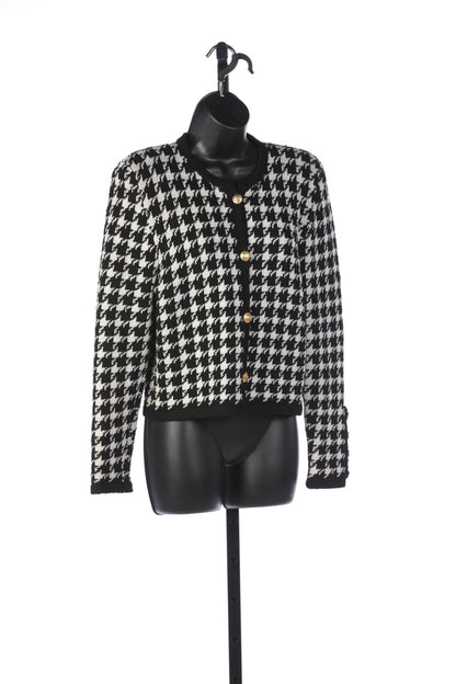 Chanel Black & White Houndstooth Tweed Button Up Jacket (Part of Set)