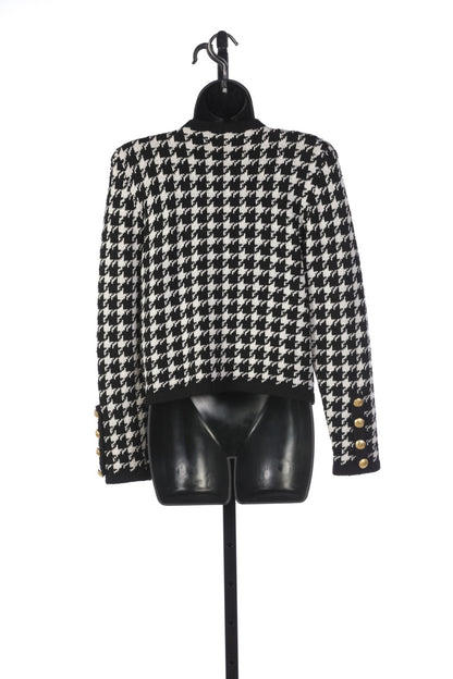 Chanel Black & White Houndstooth Tweed Button Up Jacket (Part of Set)