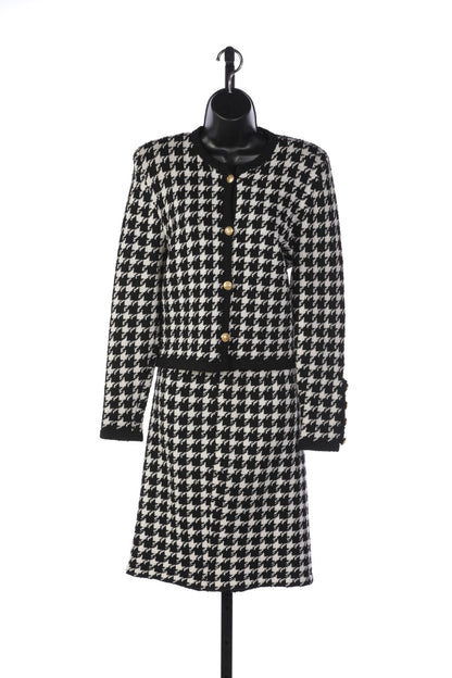 Chanel Black & White Houndstooth Tweed Button Up Jacket (Part of Set)