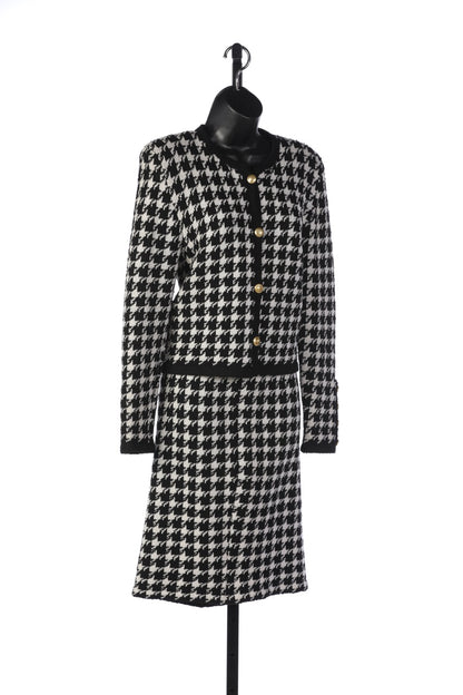 Chanel Black & White Houndstooth Tweed Button Up Jacket (Part of Set)